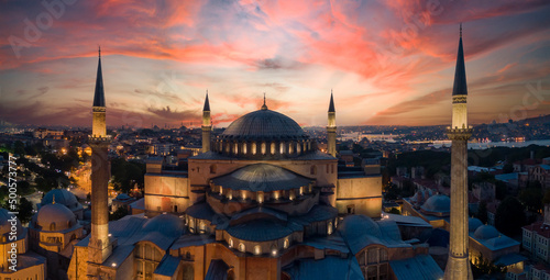 Fotobehang Aerial view of Hagia Sophia Cathedral/ Museum/ Mosque in Istanbul Turkey