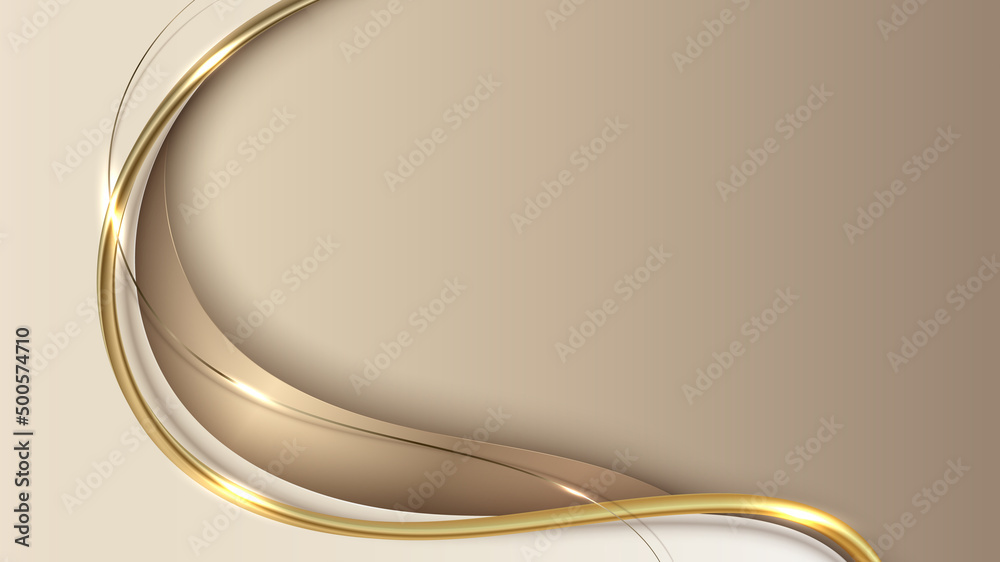 Abstract template 3D elegant golden wave shape with shiny gold line sparkling lighting on cream background luxury style
