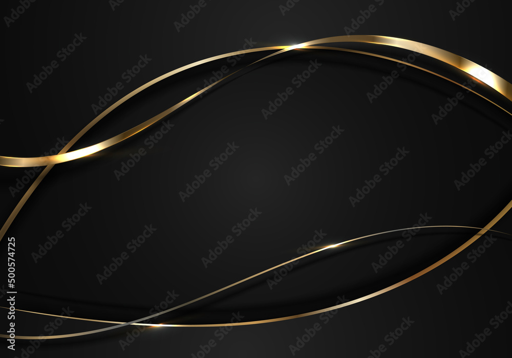 Abstract 3D elegant gold and black curved wave lines with shiny sparkling light on dark background luxury style