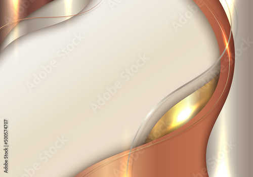 Abstract template 3D elegant golden wave shape with shiny gold ribbon line sparkling lighting on cream background luxury style