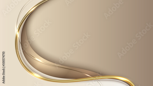 Abstract template 3D elegant golden wave shape with shiny gold line sparkling lighting on cream background luxury style