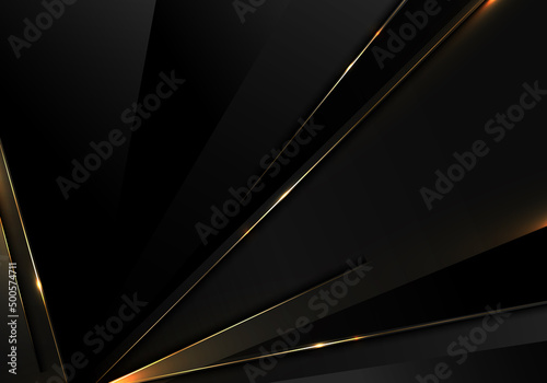 Abstract black triangles dimension pattern with golden lines and sparkling light on dark background