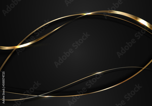 Abstract 3D elegant gold and black curved wave lines with shiny sparkling light on dark background luxury style