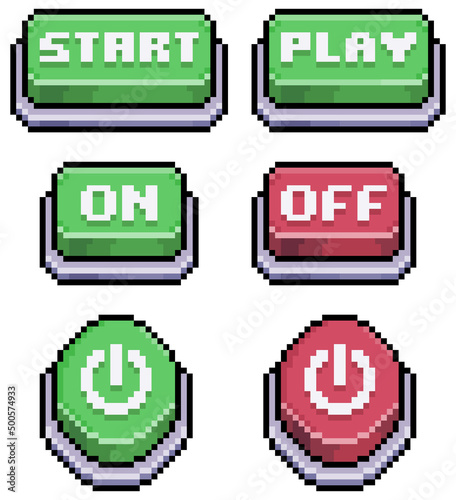 Pixel art game buttons, start, play, on, off icon for 8bit game on white background