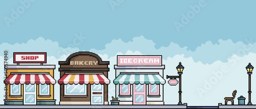 Fototapeta Naklejka Na Ścianę i Meble -  Pixel art shopping street and square with shops, bakery, ice cream. Urban landscape Cityscape background for 8bit game