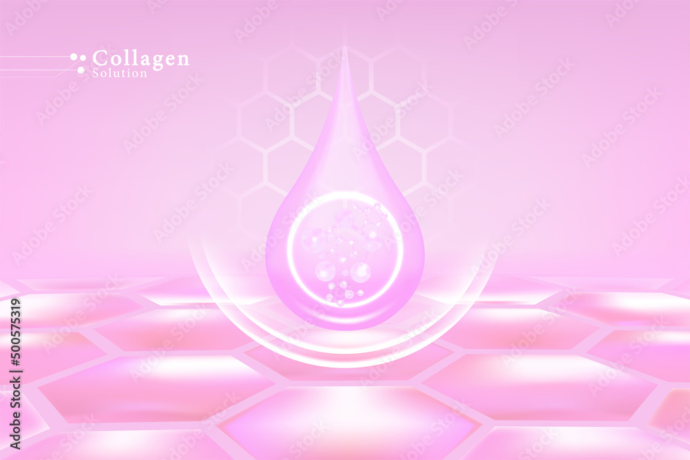 Hyaluronic acid skin solutions ad, pink collagen serum drop over pink skin cells with cosmetic advertising background ready to use, illustration vector. Hyaluronic acid skin solutions ad, pink collagen serum drop over pink skin cells with cosmetic advertising background ready to use, illustration vector.