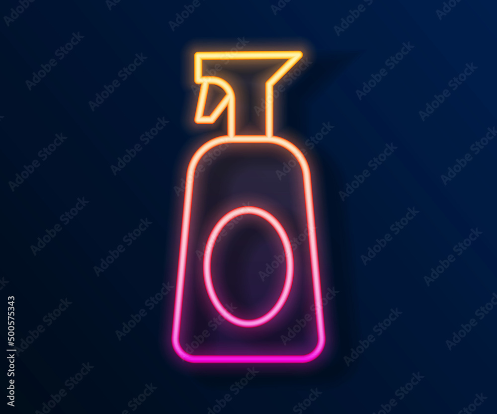 Glowing neon line Cleaning spray bottle with detergent liquid icon isolated on black background. Vector Glowing neon line Cleaning spray bottle with detergent liquid icon isolated on black background. Vector