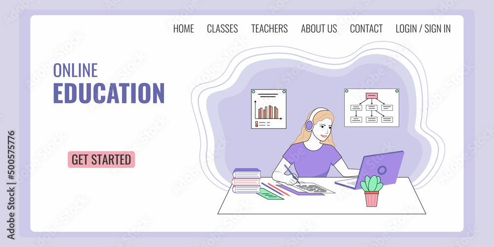 Flat design concept of online education, training and courses, learning, video tutorial. Online education concept with a girl, computer and books.