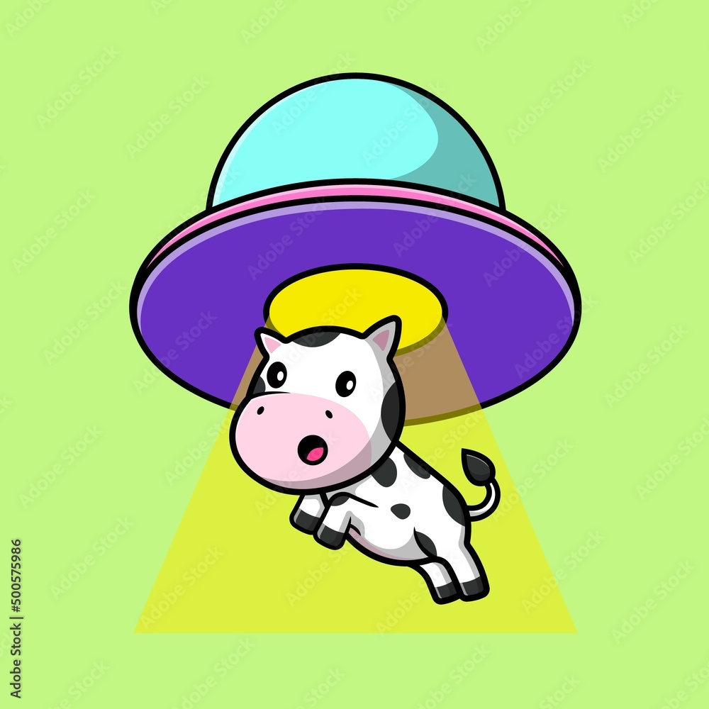 Cute Cow Sucked In UFO Spacecraft Cartoon Vector Icon Illustration. Animal Technology Icon Concept Isolated Premium Vector

