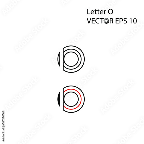 Geometric letter o outline logo isolated on a white background, vector EPS 10. Minimalist design, brand emblem with black and red color. Small rounded letter o logo for website or mobile app.