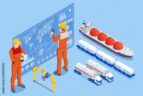 Isometric Tanker loading Liquefied Natural Gas at trading terminal. Transportation, delivery, transit of natural gas