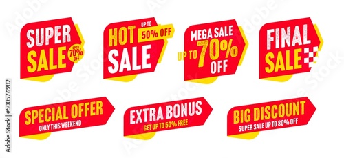 Sale sticker set with mega discount special offer. Grunge badge with best deal up to 80, 70 percent off hot clearance and final extra super sale vector illustration