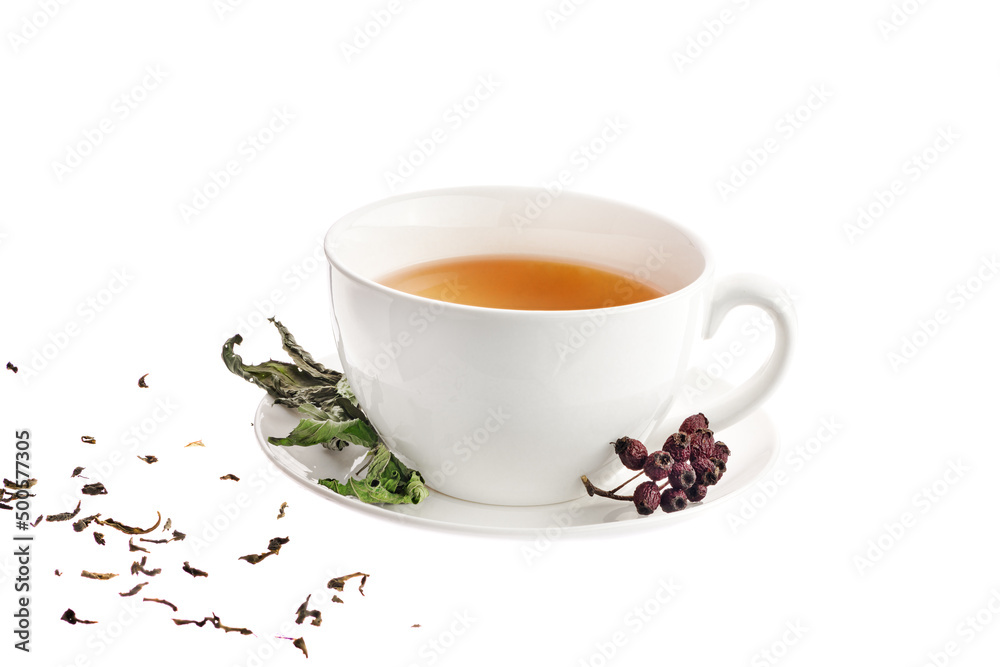 Fototapeta premium Porcelain cup of tea with milk isolated on white background