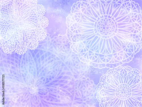 Digital watercolor painting with round lace on a light purple background