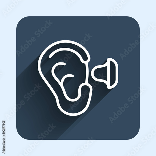 White line Earplugs and ear icon isolated with long shadow background. Ear plug sign. Noise symbol. Sleeping quality concept. Blue square button. Vector