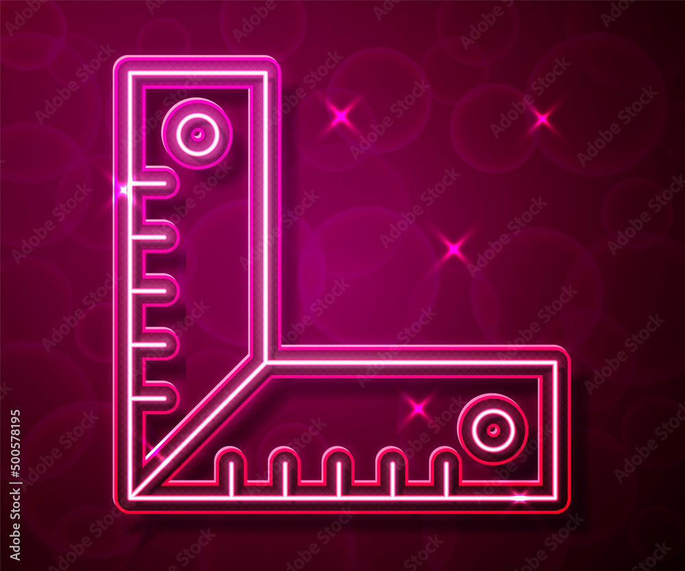 Fototapeta premium Glowing neon line Corner ruler icon isolated on red background. Setsquare, angle ruler, carpentry, measuring utensil, scale. Vector