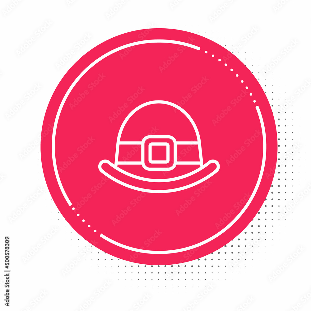 White line Leprechaun hat icon isolated on white background. Happy Saint Patricks day. National Irish holiday. Red circle button. Vector White line Leprechaun hat icon isolated on white background. Happy Saint Patricks day. National Irish holiday. Red circle button. Vector