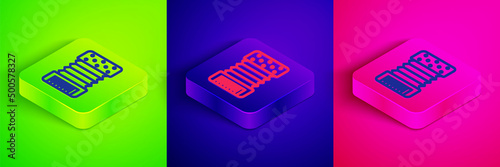 Isometric line Musical instrument accordion icon isolated on green, blue and pink background. Classical bayan, harmonic. Square button. Vector