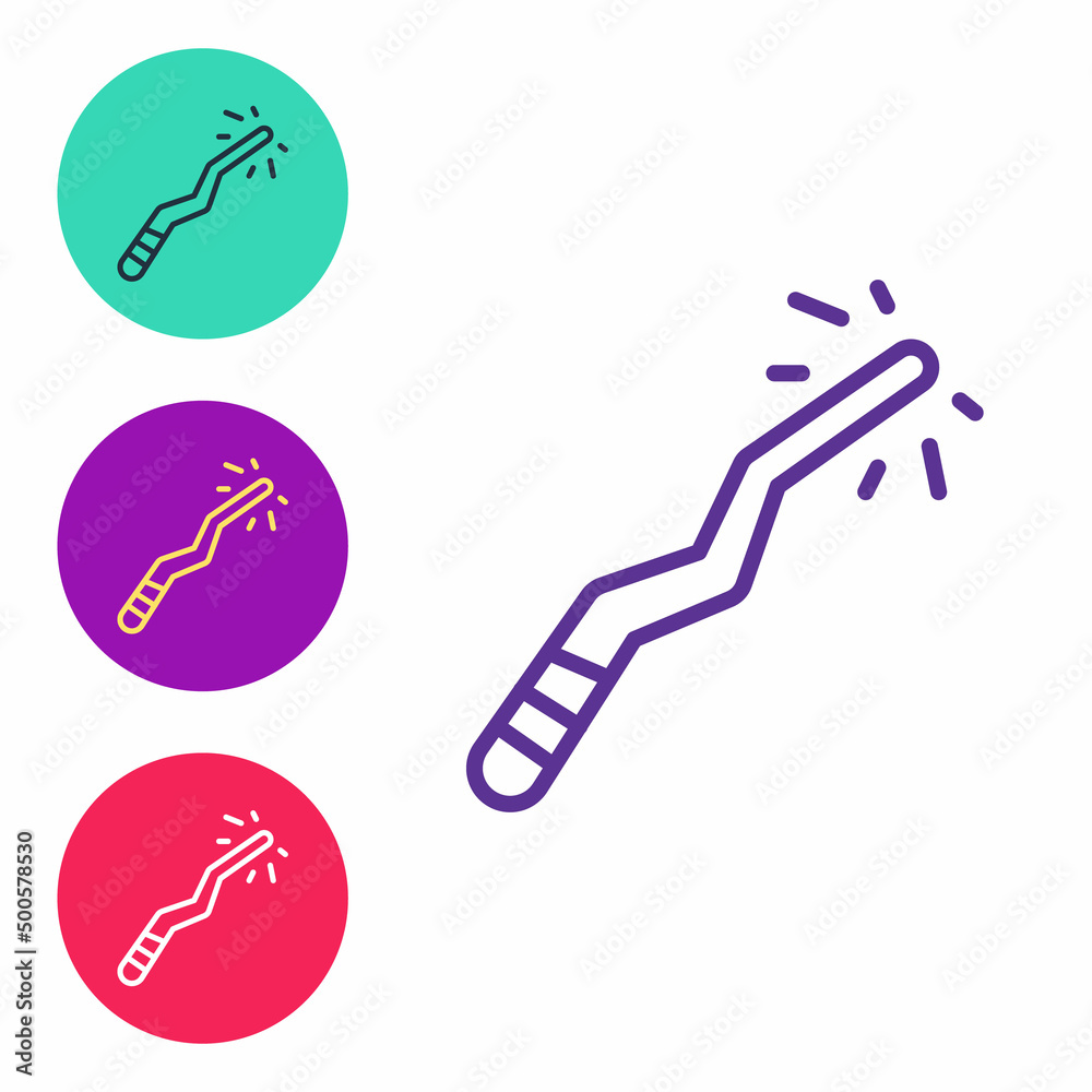 Set line Magic wand icon isolated on white background. Star shape magic accessory. Magical power. Happy Halloween party. Set icons colorful. Vector Set line Magic wand icon isolated on white background. Star shape magic accessory. Magical power. Happy Halloween party. Set icons colorful. Vector