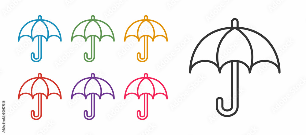 Obraz premium Set line Umbrella icon isolated on white background. Insurance concept. Waterproof icon. Protection, safety, security concept. Set icons colorful. Vector