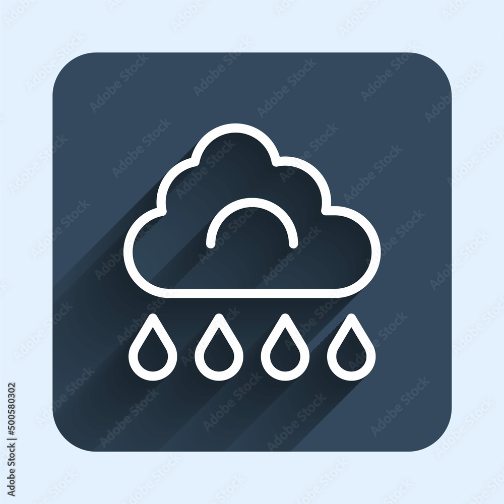 White line Cloud with rain icon isolated with long shadow background. Rain cloud precipitation with rain drops. Blue square button. Vector
