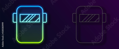 Glowing neon line Protective welding mask helmet icon isolated on black background. Protective clothing and tool worker. Vector