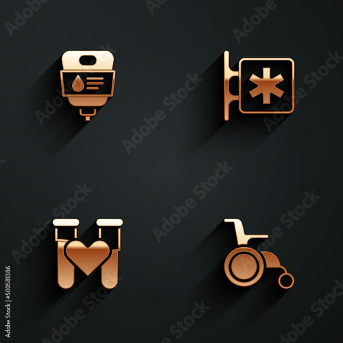 Set IV bag, Emergency - Star of Life, Test tube with blood and Wheelchair for disabled person icon with long shadow. Vector