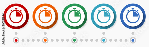 Stopwatch concept vector icon set, infographic template, flat design circle colorful web buttons in 5 color options