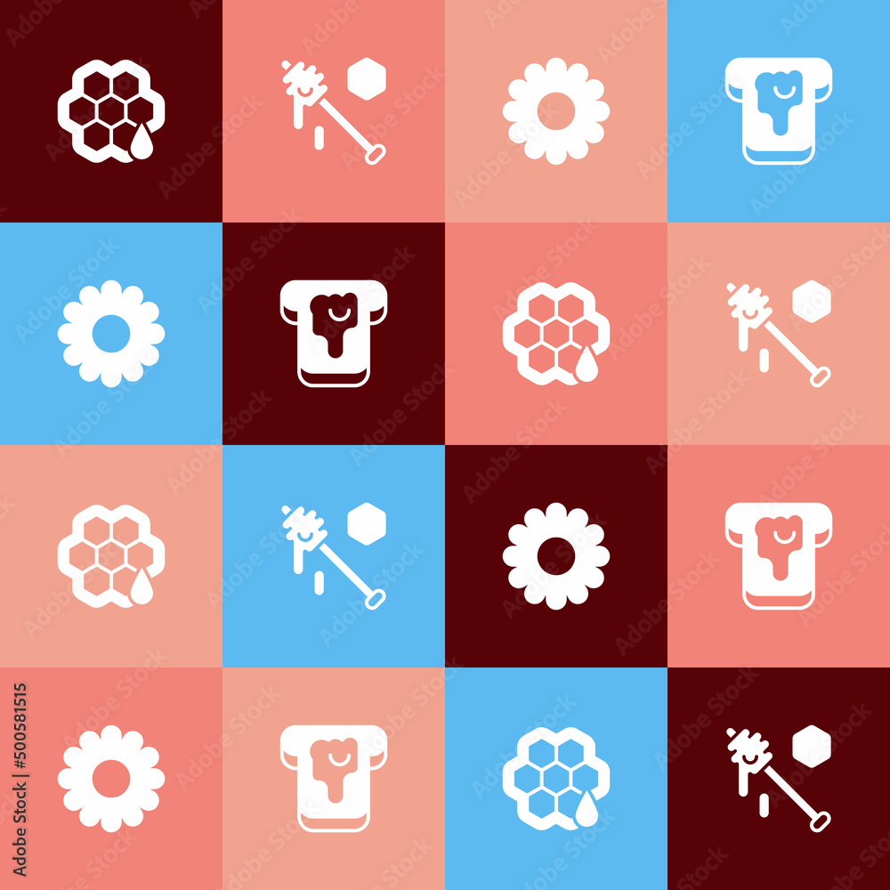 Set pop art Honeycomb, dipper stick, Flower and Bread with honey icon. Vector Set pop art Honeycomb, dipper stick, Flower and Bread with honey icon. Vector