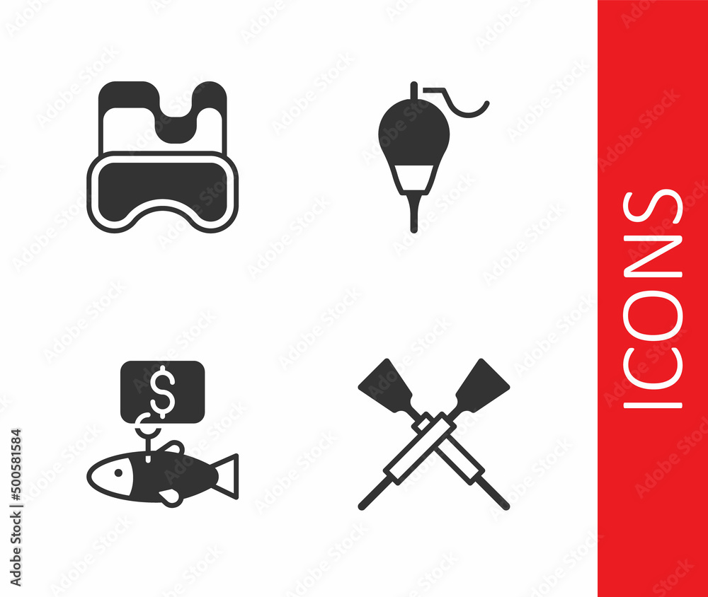 Set Crossed oars or paddles boat, Diving mask, Price tag for fish and Fishing float icon. Vector Set Crossed oars or paddles boat, Diving mask, Price tag for fish and Fishing float icon. Vector