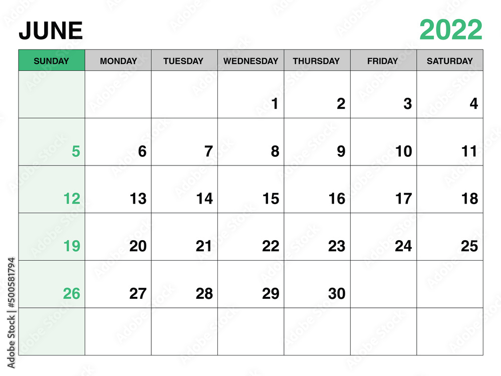 June 2022 year planner template, calendar 2022 template, monthly and yearly planners. organizer diary. week start Sunday, corporate planner template, Desk calendar 2022, green background, vector June 2022 year planner template, calendar 2022 template, monthly and yearly planners. organizer diary. week start Sunday, corporate planner template, Desk calendar 2022, green background, vector