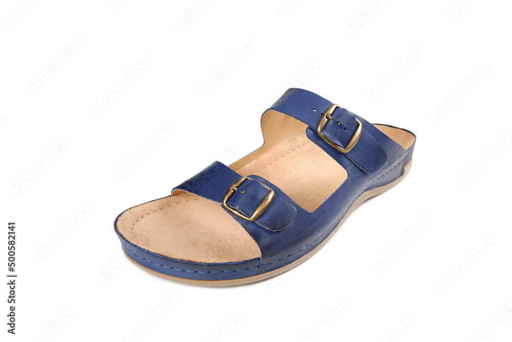 Men's blue leather sandals highlighted on a white background.Summer men's shoes. Flat orthopedic slippers of a doctor or nurse.Shop of workwear, uniforms.Side view Men's blue leather sandals highlighted on a white background.Summer men's shoes. Flat orthopedic slippers of a doctor or nurse.Shop of workwear, uniforms.Side view