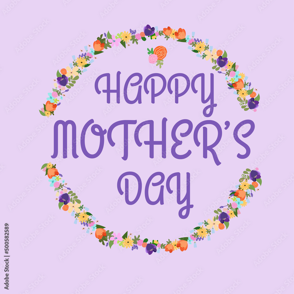 Happy Mothers day typography floral design on purple background.