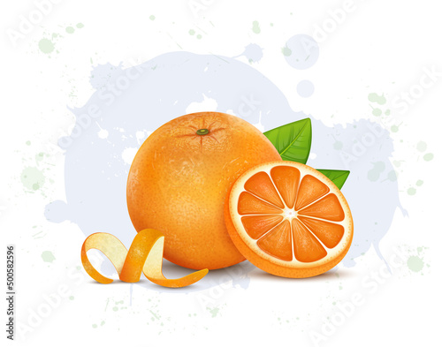 Fresh Orange Fruit and fruit slices vector illustration with green leaves