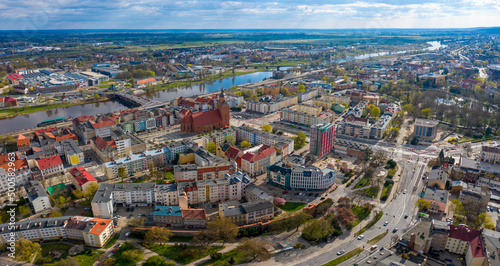 Panoramiczny widok z lotu ptaka na centrum miasta Gorzów Wielkopolski, w tle katedra i most staromiejski. photo