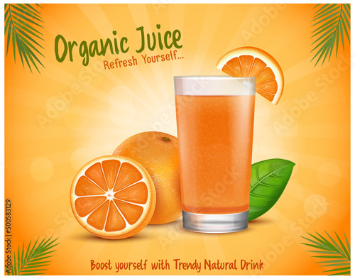 Orange Fruit vector illustration with Orange Juice glass and fruit slices with green leves