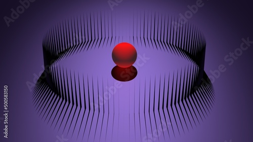 Red neon ball in a closed circle of sharp spikes.3D render design.