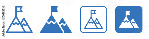 Mountain with flag icon set. Mission and achievements vector illustration.