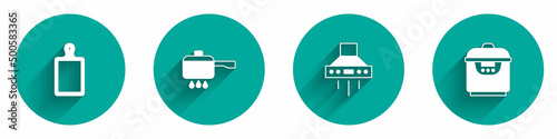 Set Cutting board, Cooking pot on fire, Kitchen extractor fan and Slow cooker icon with long shadow. Vector