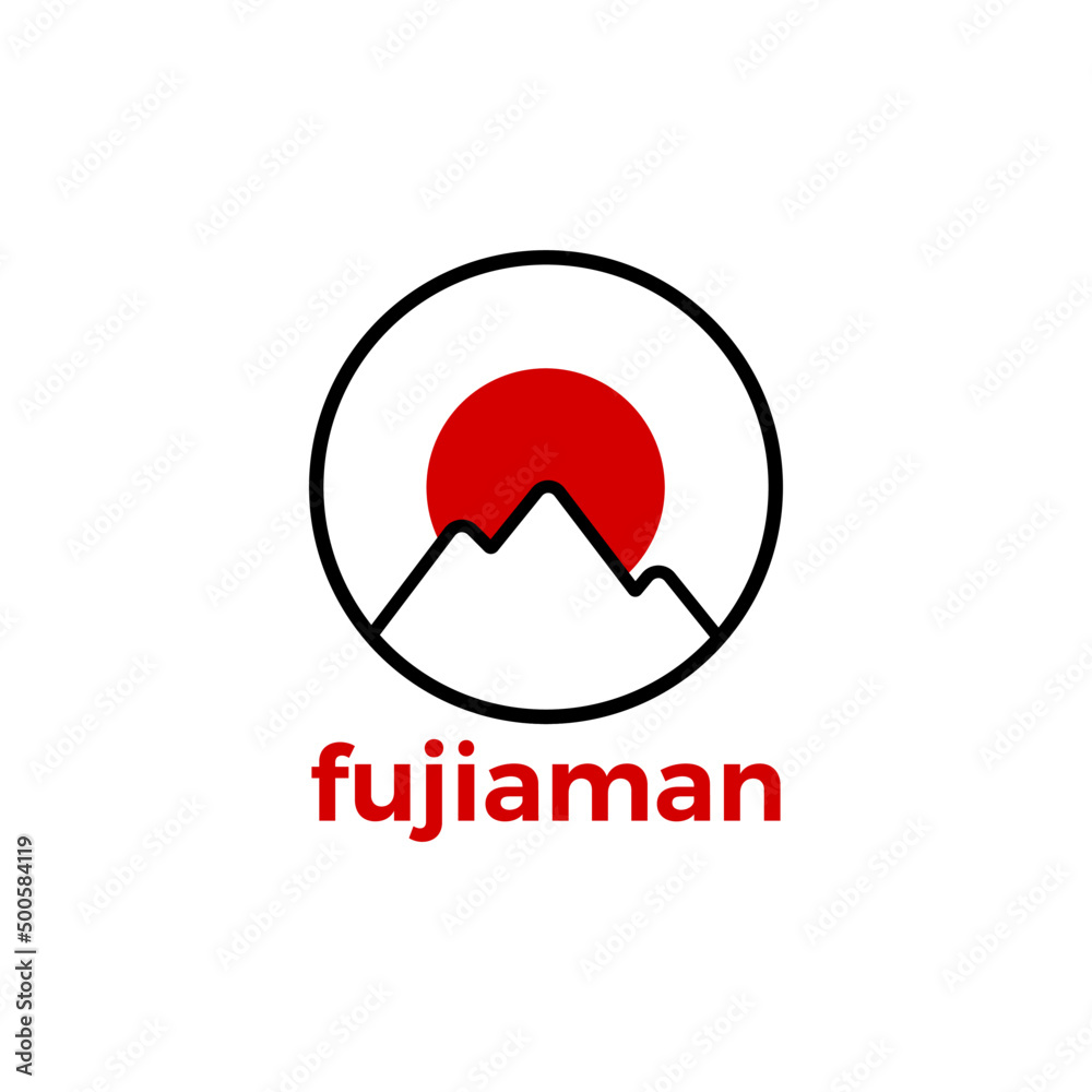 Red sun and mountain logo design vector template. Fuji Mountain and red sun flat Vector Logo Design Template Element