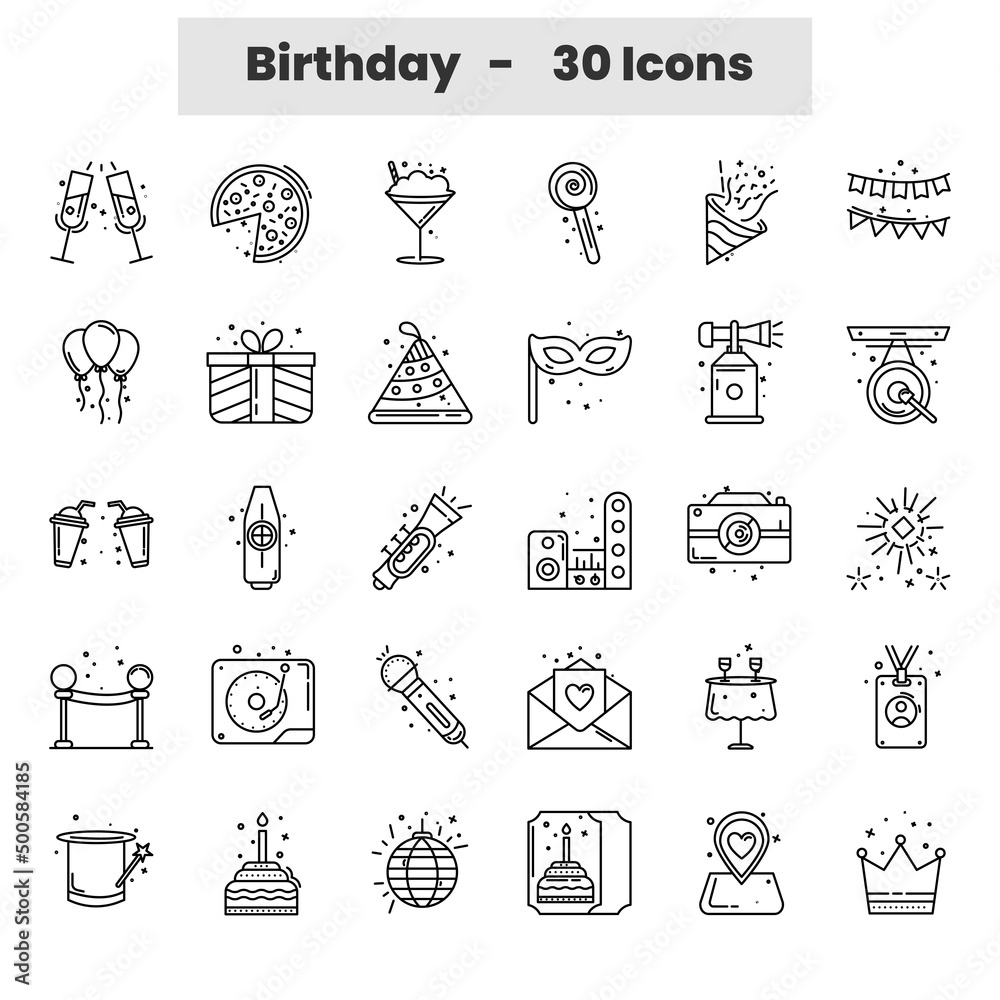 Black Line Art Set Of Birthday Icons In Flat Style.