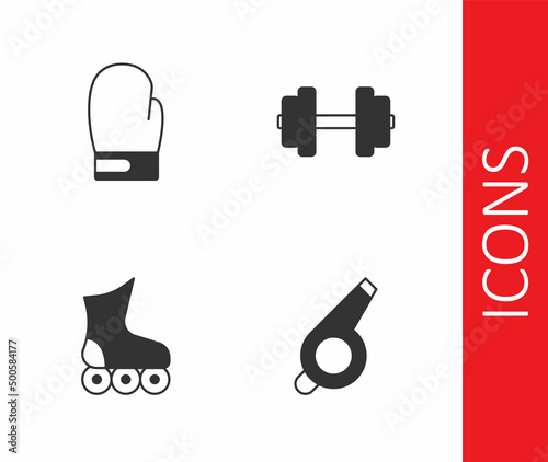 Set Whistle, Boxing glove, Roller skate and Dumbbell icon. Vector