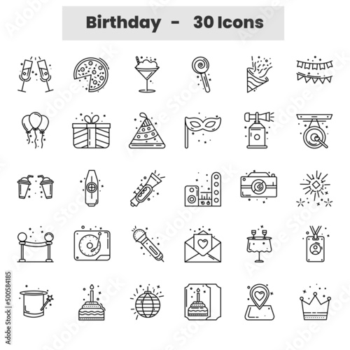 Black Line Art Set Of Birthday Icons In Flat Style.