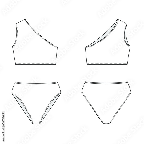 Swimsuit vector illustration isolated on white background, front and back view. Technical drawing for fashion design. Top and bottom