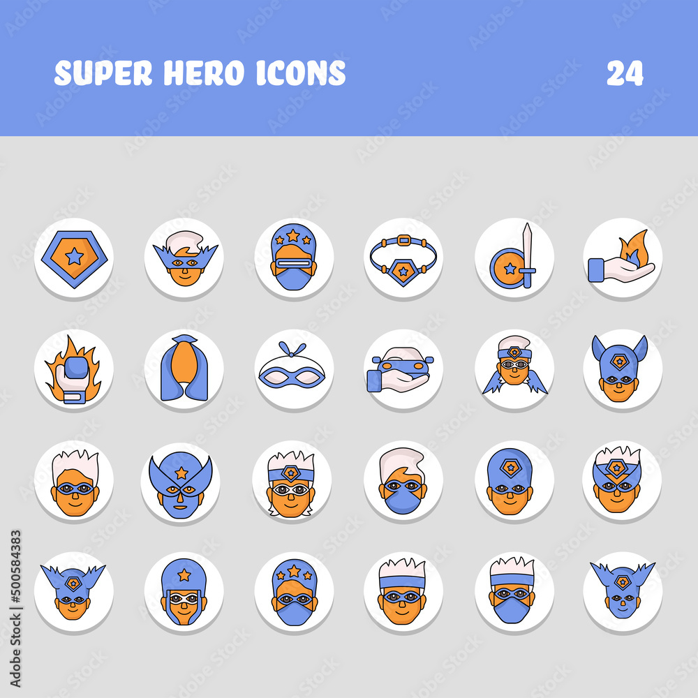 Orange And Blue Color Set Superhero Icon Or Symbol On Circle Background.