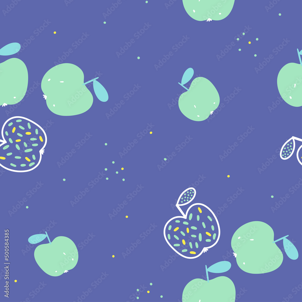 Green apples seamless pattern. Vector background for textiles and wallpapers on a blue background.
