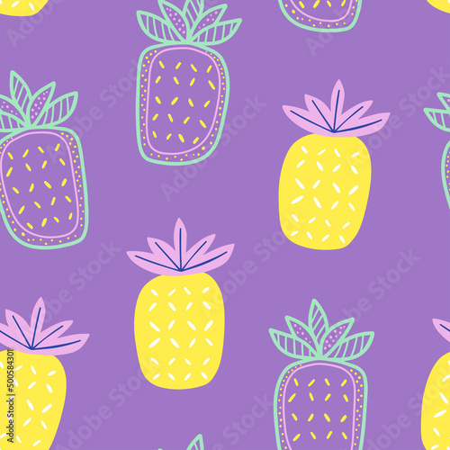 Seamless pattern with pineapples in cartoon style. Modern background for text...