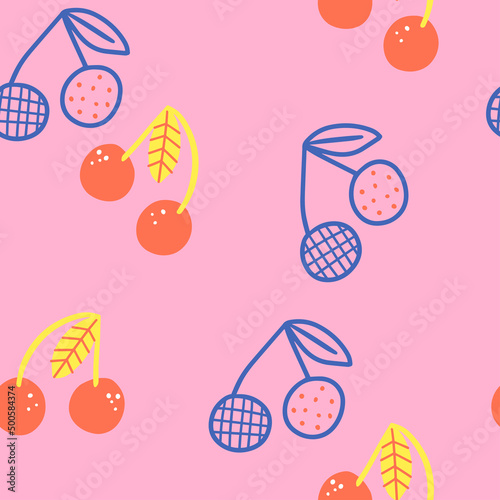Modern seamless pattern with cherries on a pink background. Wallpaper for tex...