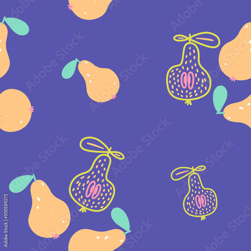 Seamless pattern with pears on a blue background. Modern fruit wallpaper. Gar...
