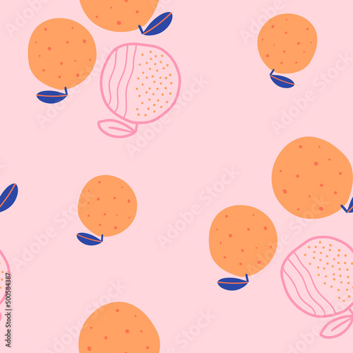 Seamless wallpaper with oranges on a pink background. Vector pattern in carto...